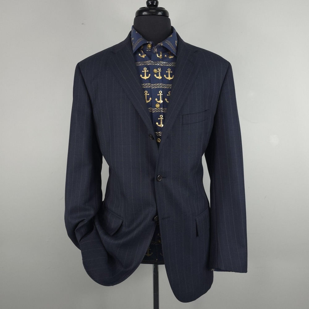 Vintage Polo Ralph Lauren Blazer‎ Mens 42L Blue Pinstripe Wool Suit Jacket Italy